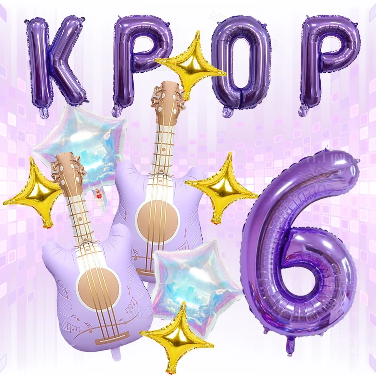 13pcs Purple Music Birthday Party Decor Guitar K-Pop Letter Foil Balloons 32-Inch Number 0-9 Balloon Music-Themed Party Supplies