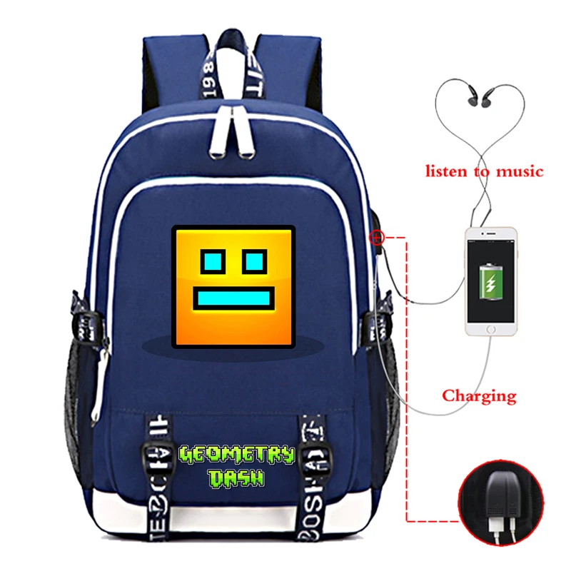 

16 Inch Angry Geometry Dash Prints USB Charging Backpack Boys Bookbag Funny Cartoon School Bags Men Large Capacity Travel Bag
