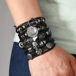 Fashion Black Skull Multi-layer Beaded Hand Leather Bracelet for Men Set Adjustable DIY Leather Winding Hand Rope
