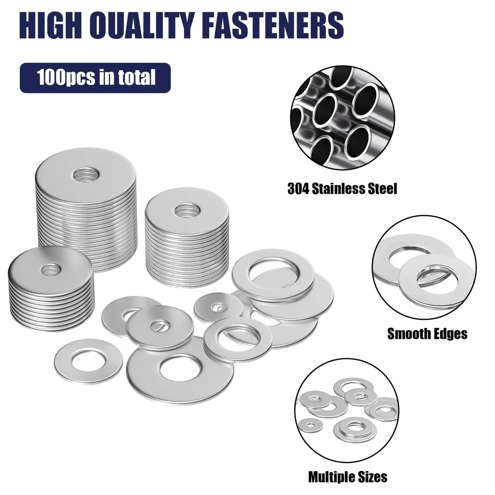 M3-M12 Assortment 304 SS Flat Washers DIY Repairs Electronic Assembly Rust Resistant Smooth Edges Precision Stamped