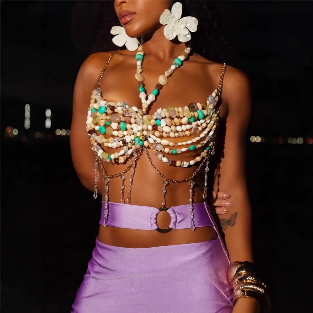 Muti-color Stone Beaded Camis Tops Bra Chain Sexy Tassel Hollow Out Backless Crop Tops Evening Party Summer Beach Breast Chain