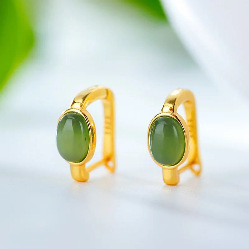 

S925 Sterling Silver Inlaid Jasper Ear Studs Earrings Female Hetian Jade