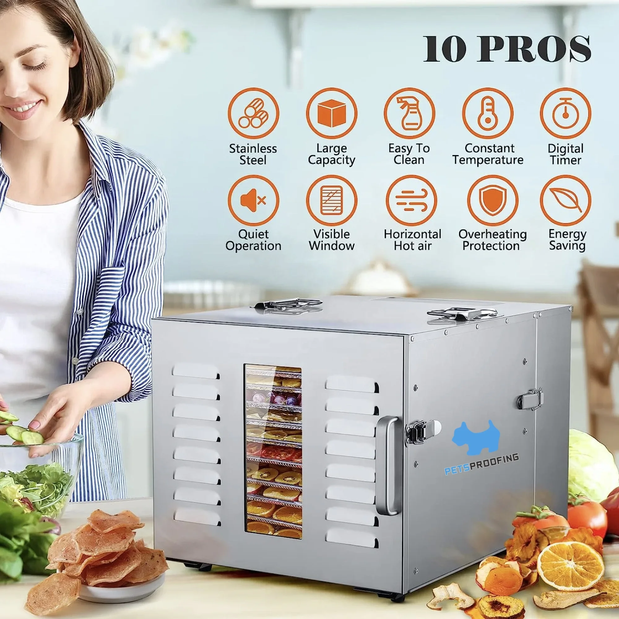 Electric 10 Tray Stainless Steel Meat Food Dehydrator High Efficiency Hot Air Circulation Drying