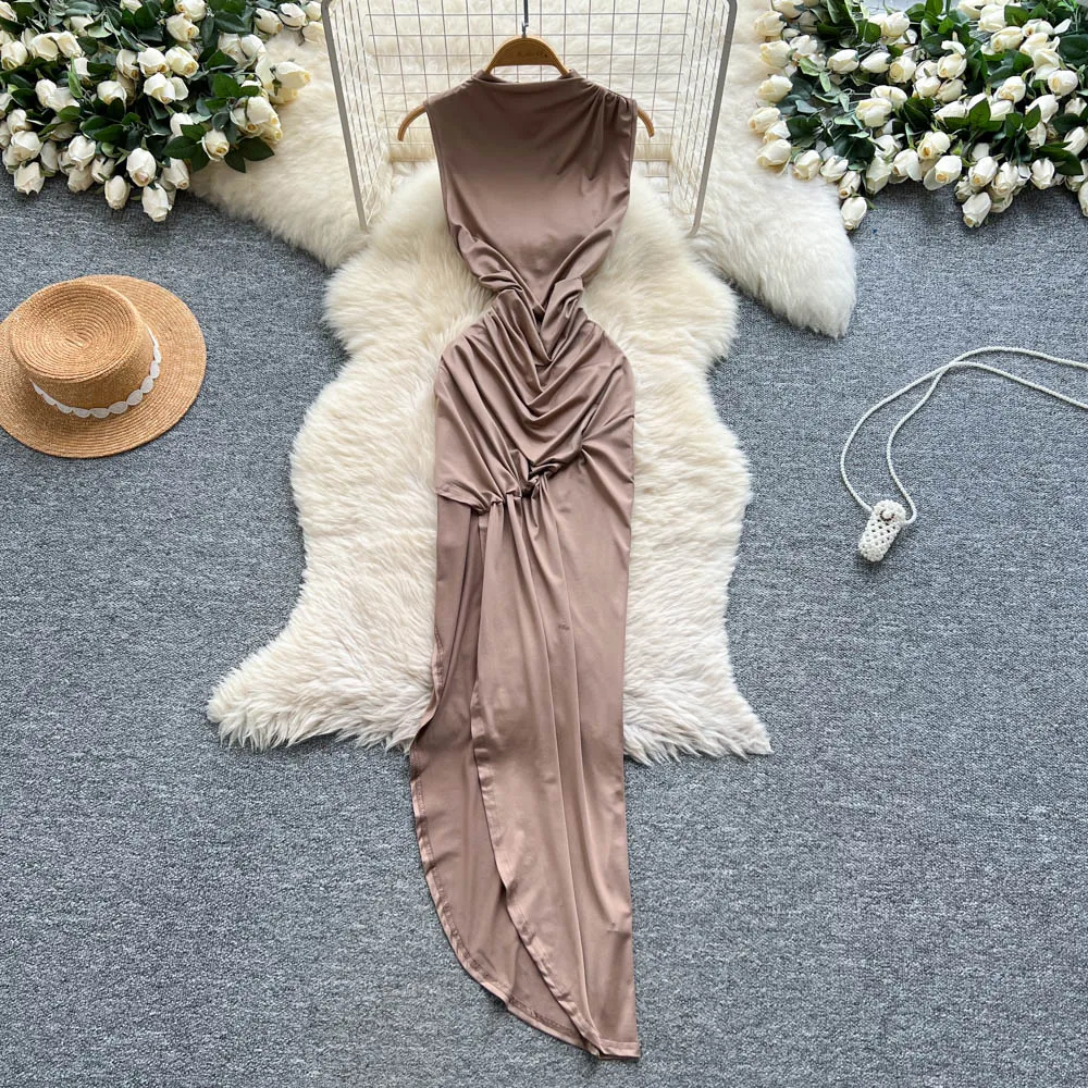 Chic vintage sleeveless split pencil dress Elegant Fairy korean fashion Boho Sundress women clothing Long dress