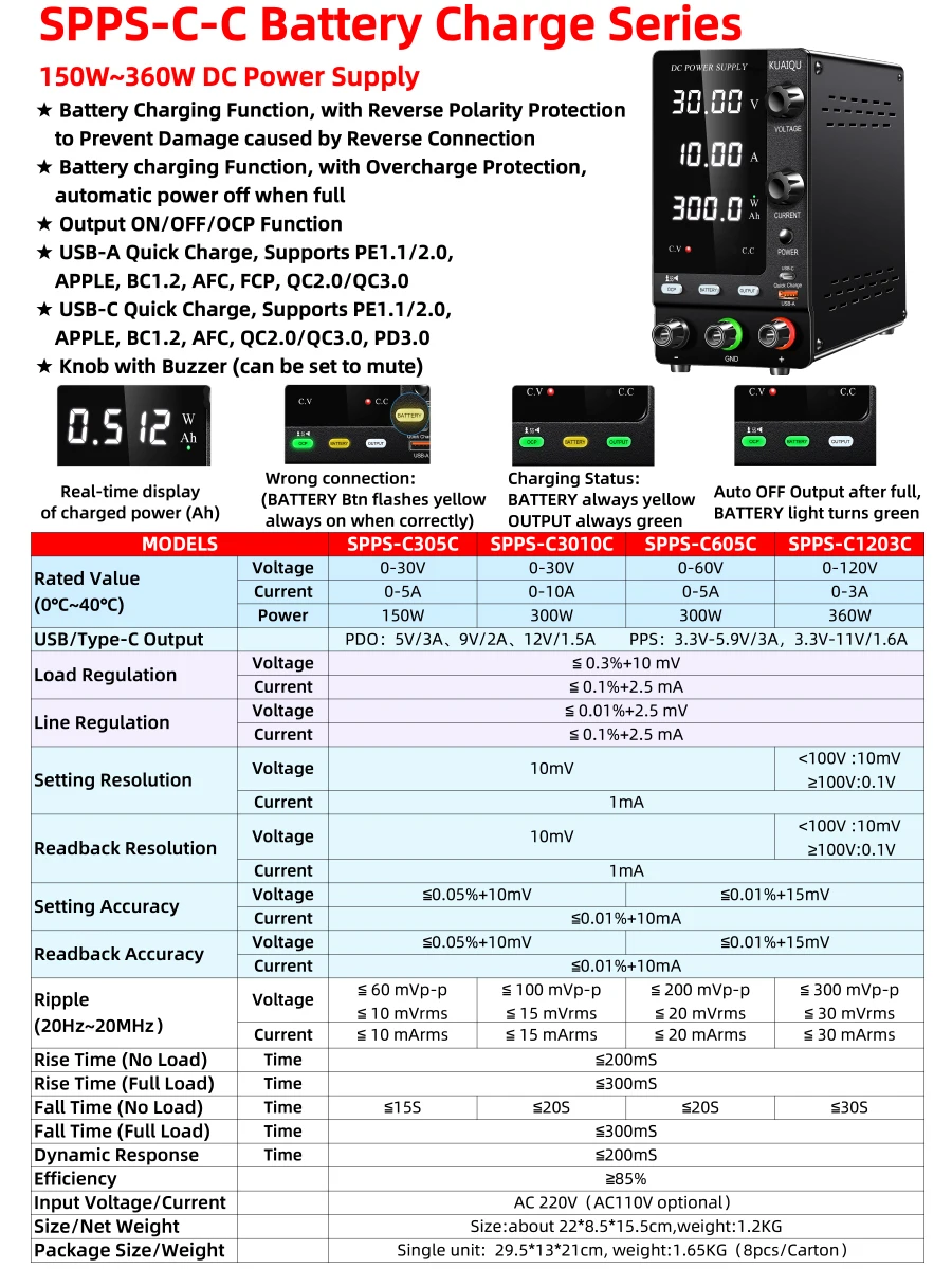 KUAIQU Lab Bench Power Supply Adjustable 3.7V 4.8V 12V 24V 48V 60V 72V 100V Battery Charging For R&D,Activate battery,BMS Test