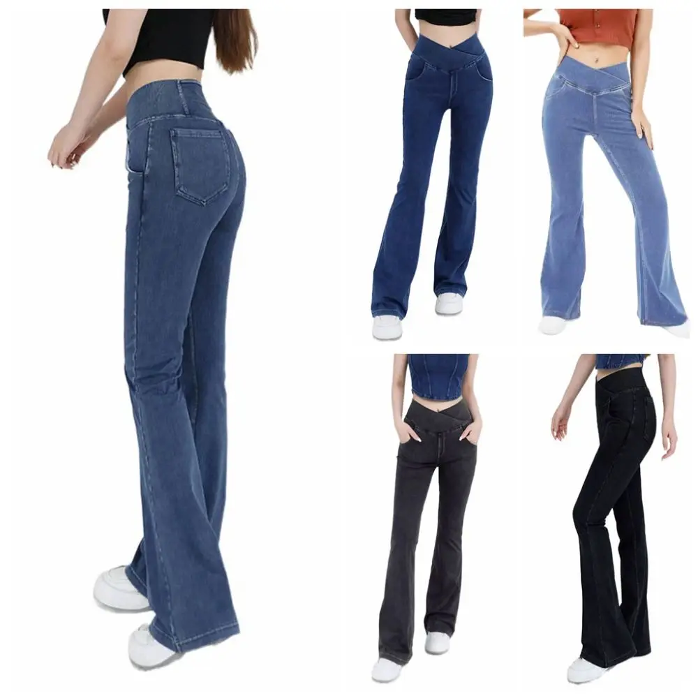 Jeans acampanados elásticos de cintura alta, pantalones vaqueros góticos de elevación de cadera, pantalones de mezclilla, pantalones acampanados de cintura alta, High Street