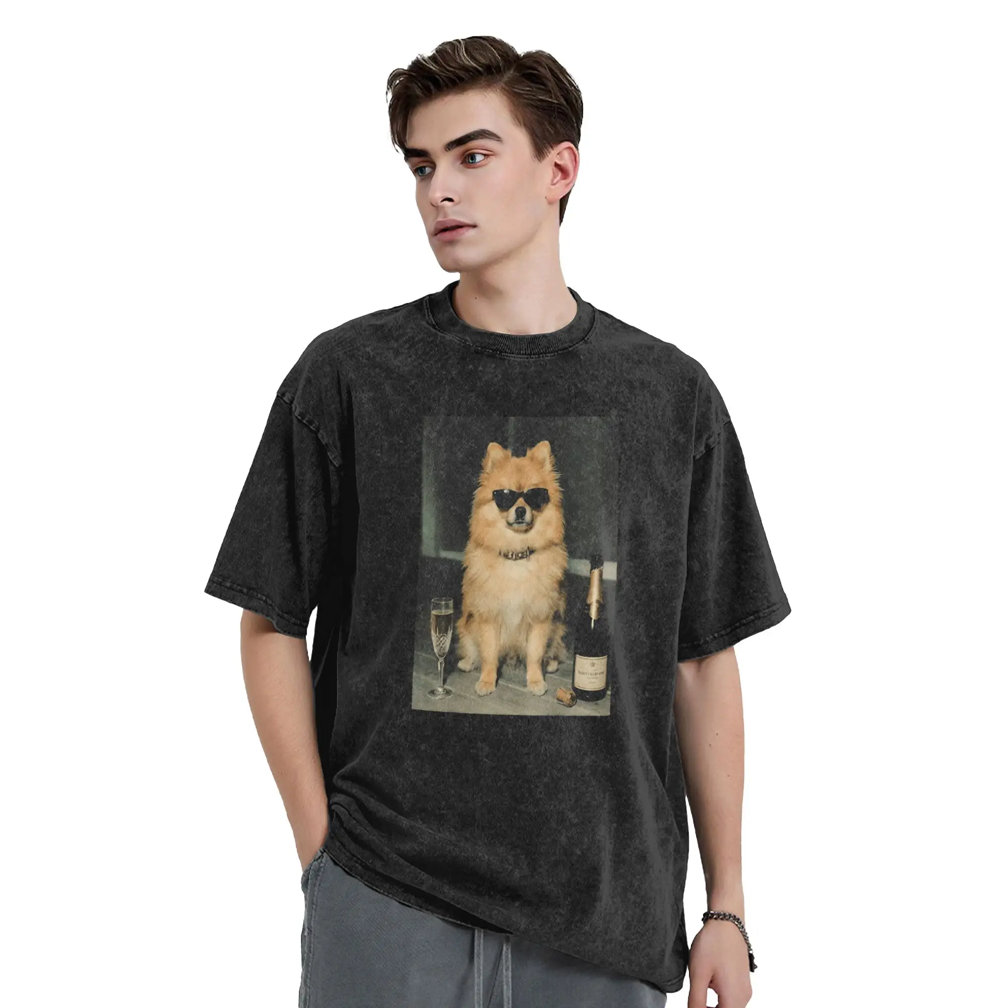 Men Women's T-Shirt Pomeranian Drinking Champagne Funny Dog Meme Washed T Shirts Novelty  Summer Pattern Casual Clothes Hot Sale