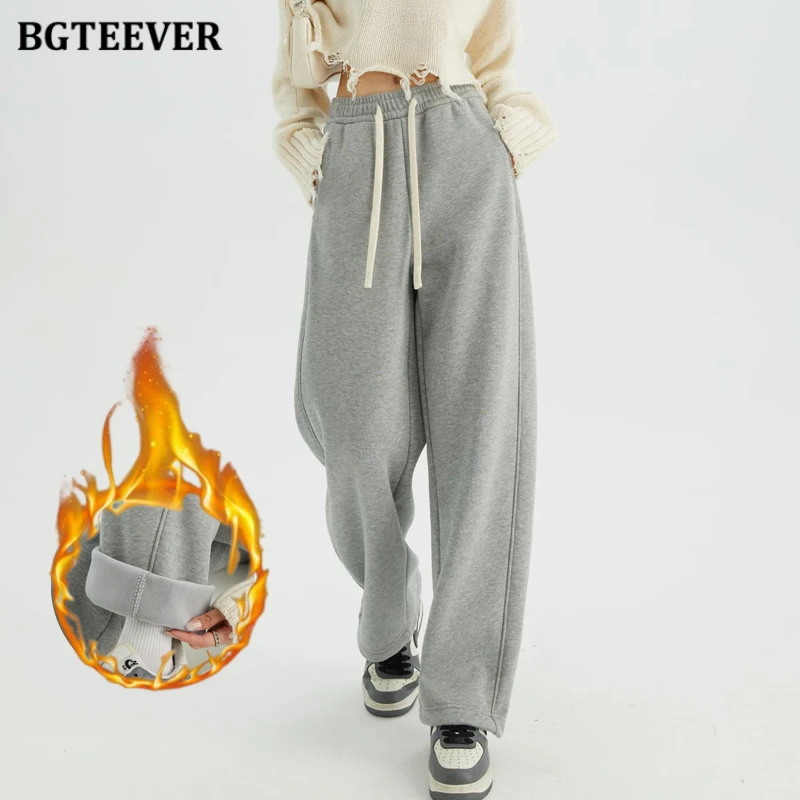 BGTEEVER Autumn Winter Thicken Velvet Women Pants High Waist Drawstring Pockets Warm Female Trousers