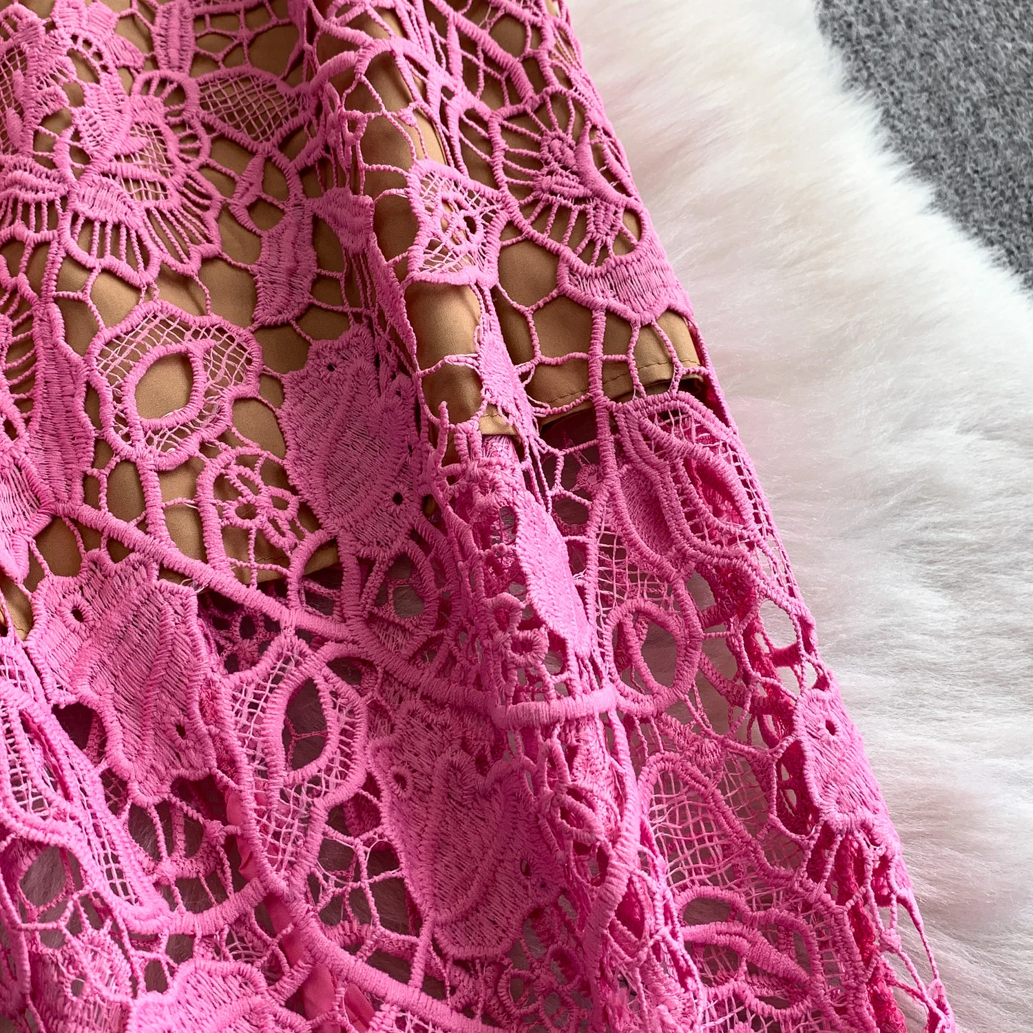 Chic vintage hollow out lace short sleeve dress Elegant Fairy korean fashion sundress women clothing