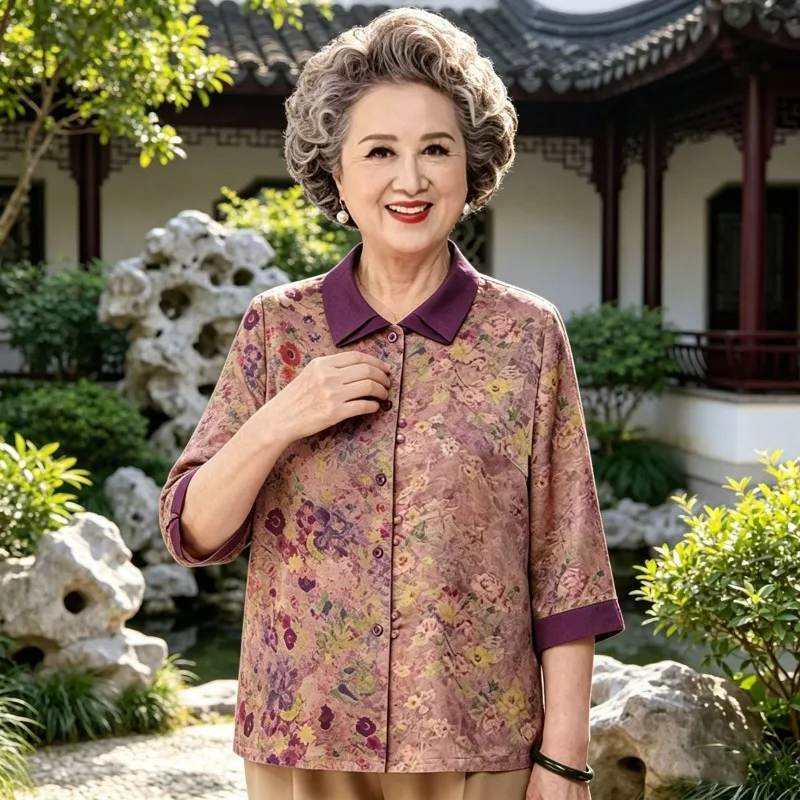 Women Floral Print Button-Up Shirt Summer Contrast Collar 3/4 Sleeve Blouse for Elderly Grandmothers