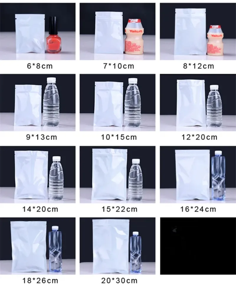 

100pcs Glossy White Flat Aluminum Foil Ziplock Packaging Bags Resealable Tea Snack Cereals Spice Cereals Seeds Storage Bags