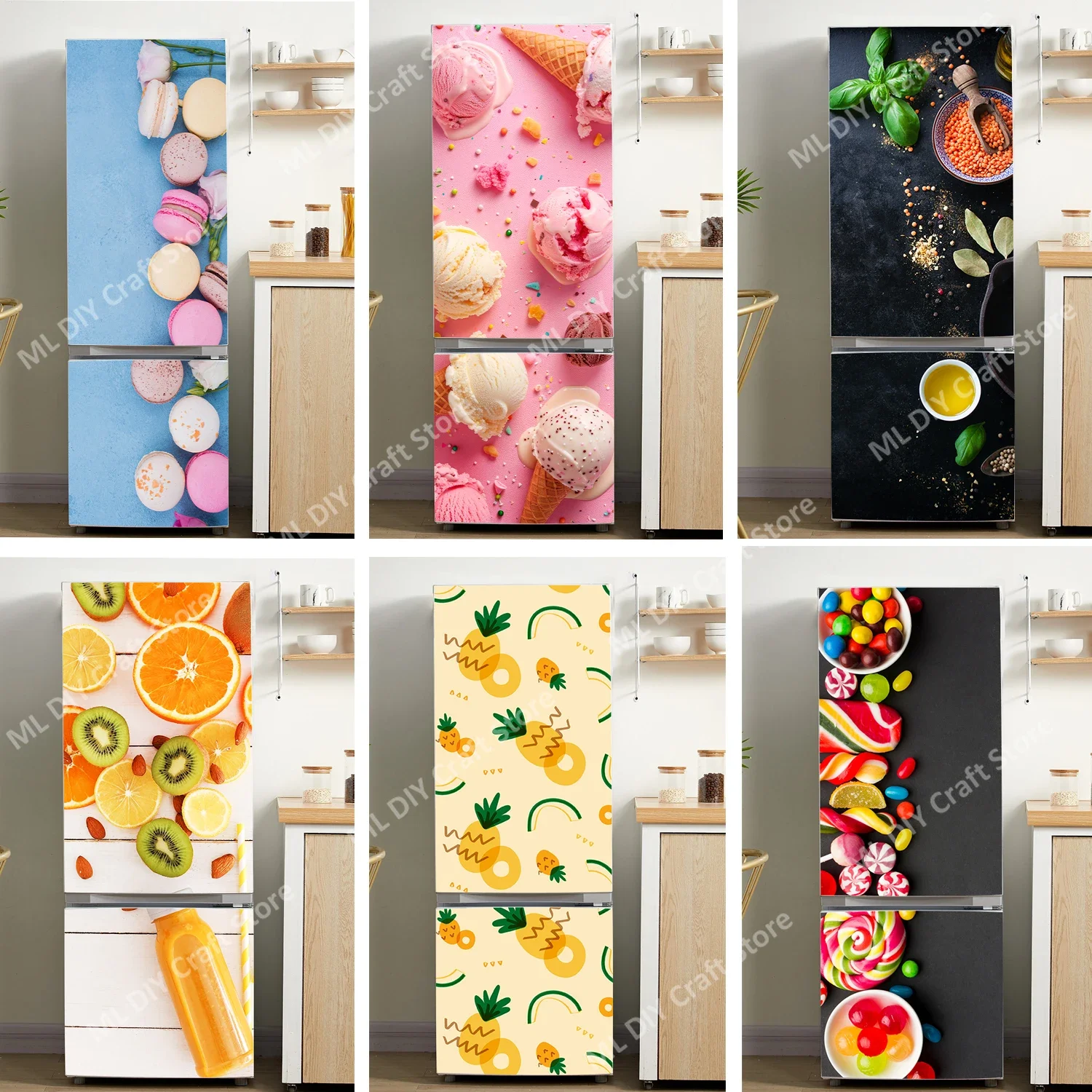 INS Ice Cream Donuts Refrigerator Door Wall Stickers Self-adhesive PVC Kitchen Wallpaper Refrigerator Door Cover Decoration