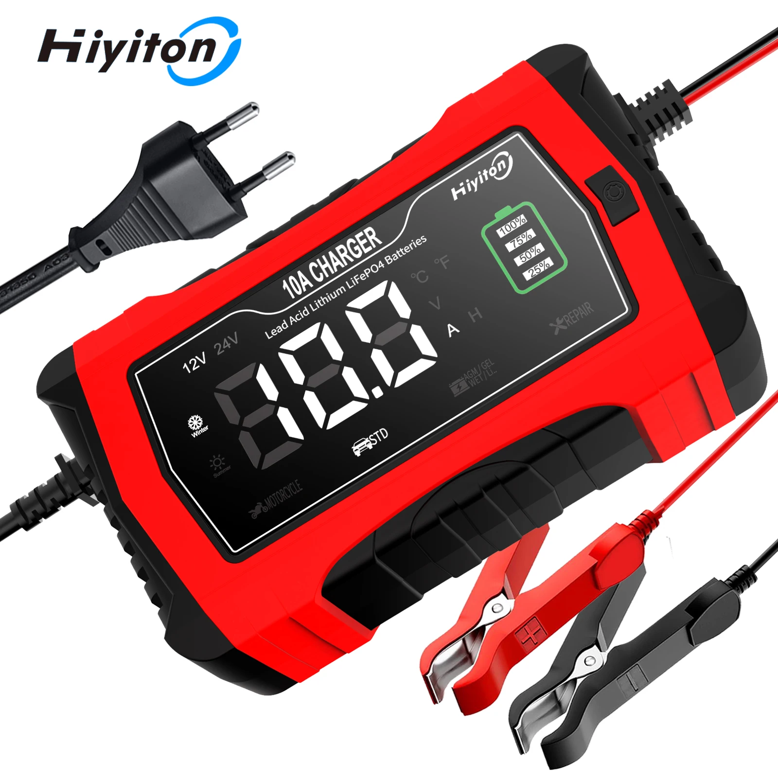 Hiyiton 12V 24V 10A Car Battery Charger for AGM GEL WET Lead Acid Lithium LiFePO4 Smart Fast Charging Batteries Pulse Repair