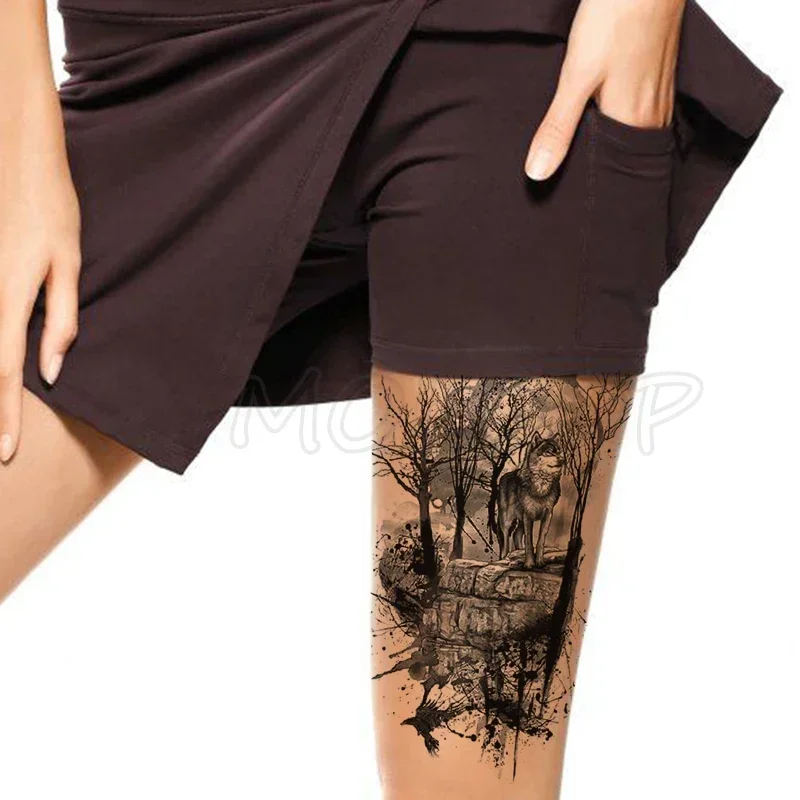 Tattoo Stickers Bird Forest Wolf Dead Tree Crow Temporary Fake Tatto Waterproof Tatoo Back Leg Arm Belly Art for Women Men