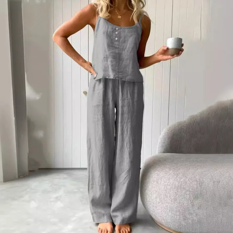 Spring summer casual sleepwear set with sleeveless bandeau pants and loose-fitting fashionable cotton and linen dress for women