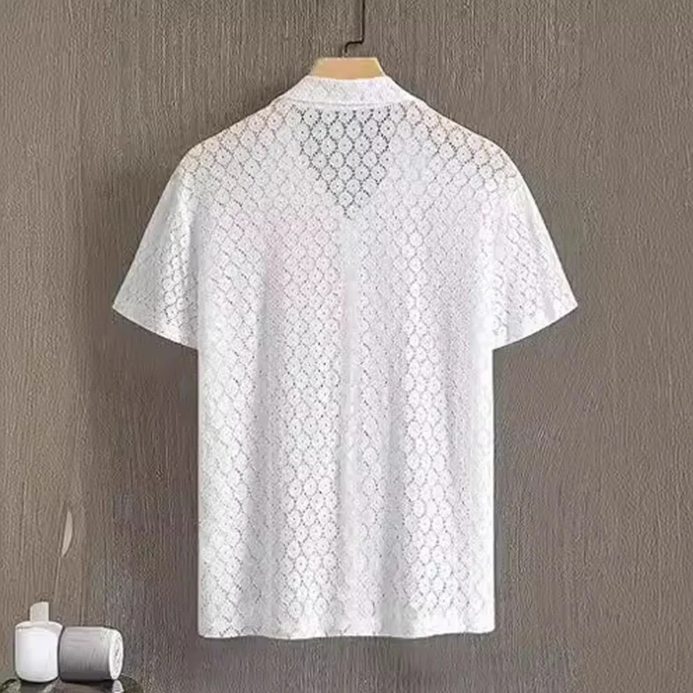 Tops camisa de encaje para hombre, Tops con solapa exterior, camisa de manga corta de S-2XL, bordado blanco Simple, malla calada, nuevo