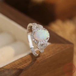 925 Sterling Silver Women's Ring with Glittering White Opal and Zircon Exquisite Elegant Style for Engagement or Couples Dating