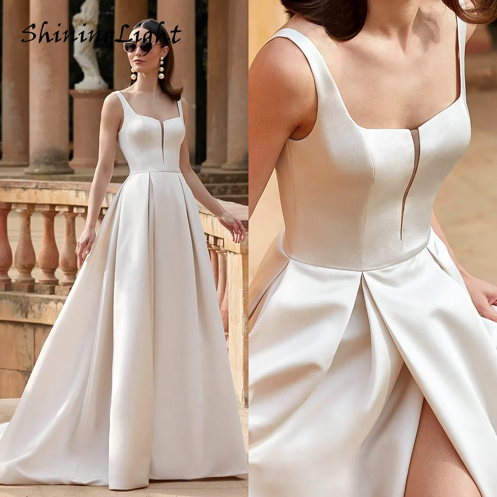 

Elegant A Line Satin Wedding Dresses for Woman Square Neck Sleeveless Vestidos De Novia Simple Bridal Gowns with Slit Customized
