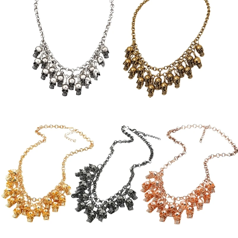 Punk Halloween Skull Necklace Statement Chain Jewelry with Front Drape and Alloy Finish for Concert and Party Outfits Daily 55KA
