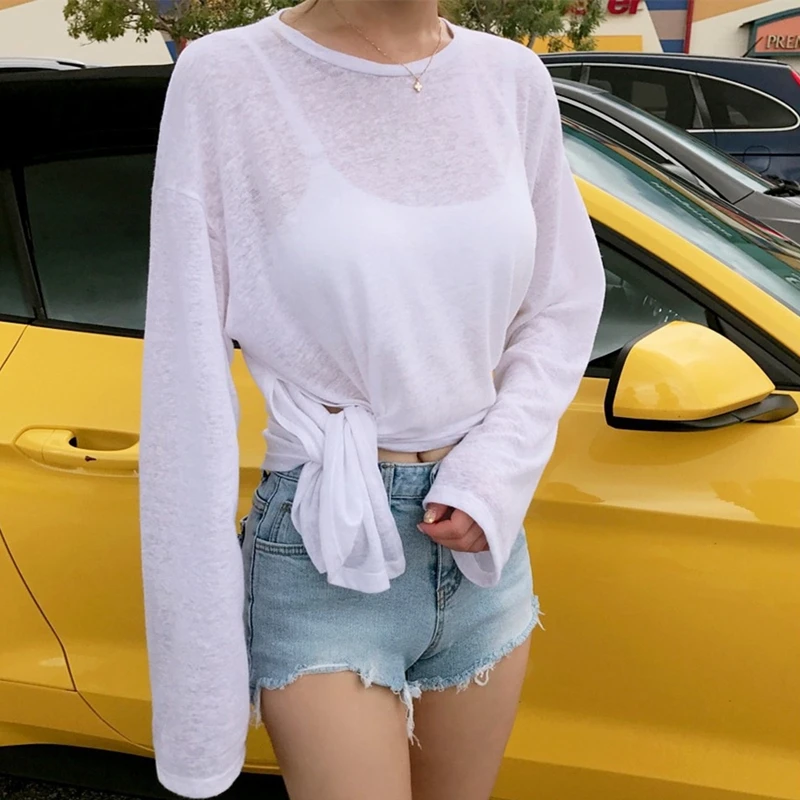 

2025 Summer Fashion Long Sleeve Sunscreen Cover Shirt O-Neck Women T Shirt White Black T-Shirt Women Tops Tshirt Camiseta Q258
