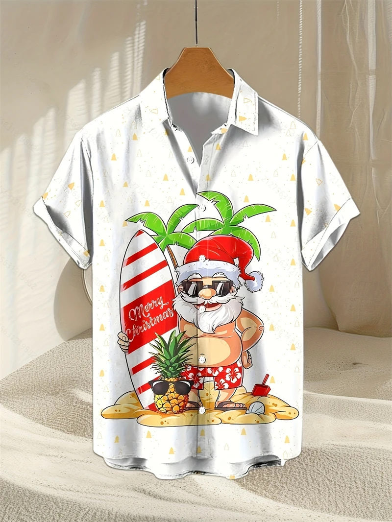 

New Xmas Santa Surfing Beachwear Man Shirt Hawaii Christmas 2025 Casual Y2k Christmas Streetwear Clothes Unisex Beach Shirt Tops