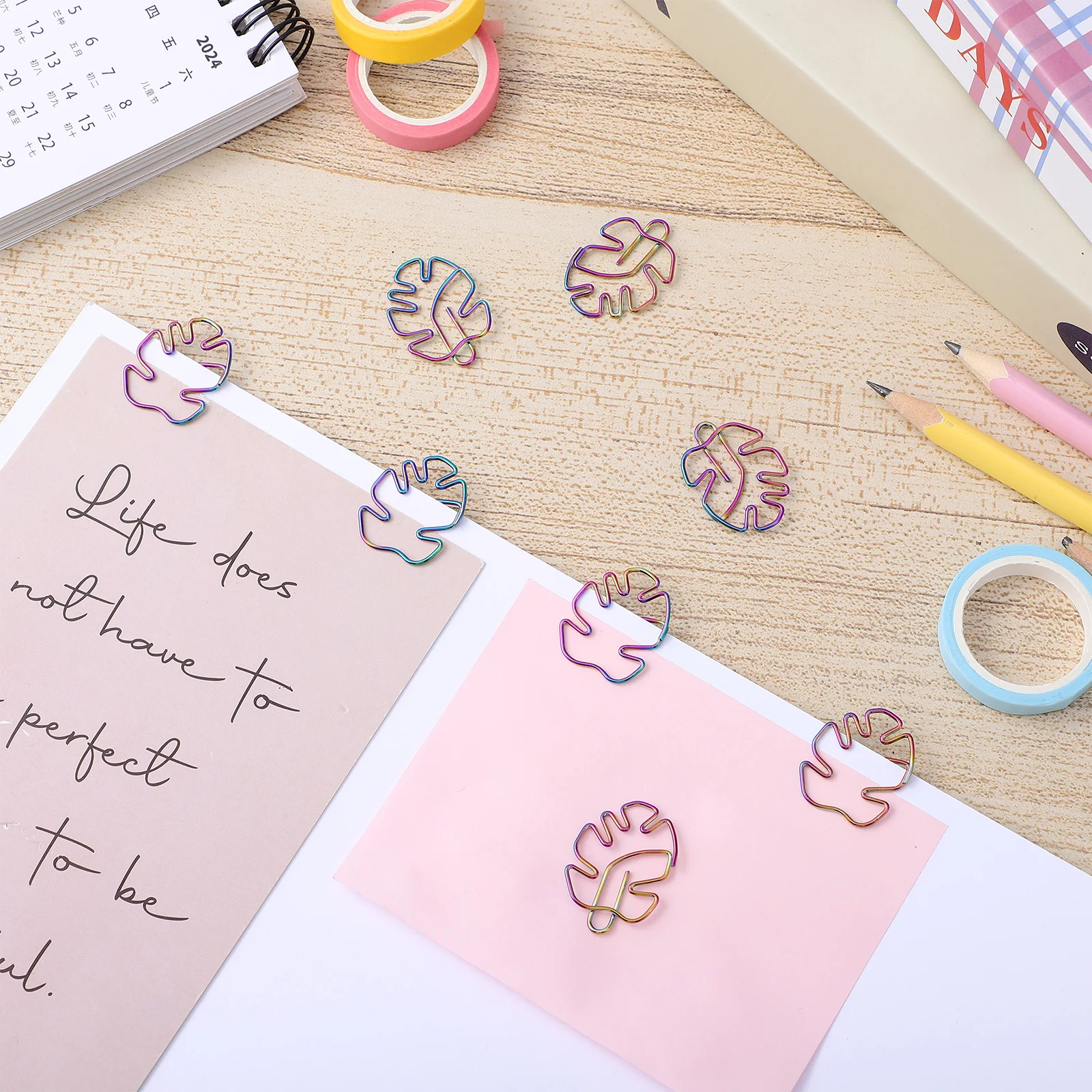 

8pcs Colored Paper Clips Metal Binder Clamps Cute Monstera Shaped Study Office Supplies Note Holders Bookmark Folder