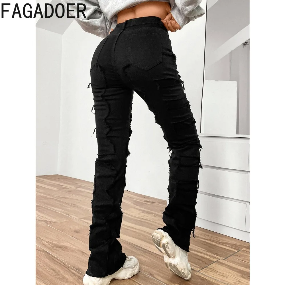 Imagem -06 - Fagadoer-calças Jeans Empilhadas Bordadas para Mulheres Botão de Cintura Alta Jean Reto Calças Casuais Calças Elásticas de Cowboy Nova Moda