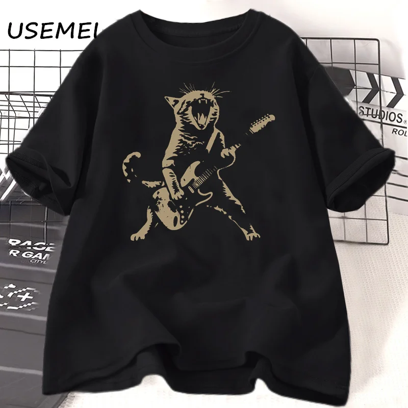 Rock Cat Playing Guitar T Shirt Women Men Funny Guitar Cat T-Shirt Casual Cotton Short Sleeve O Neck T-shirts Unisex Streetwear