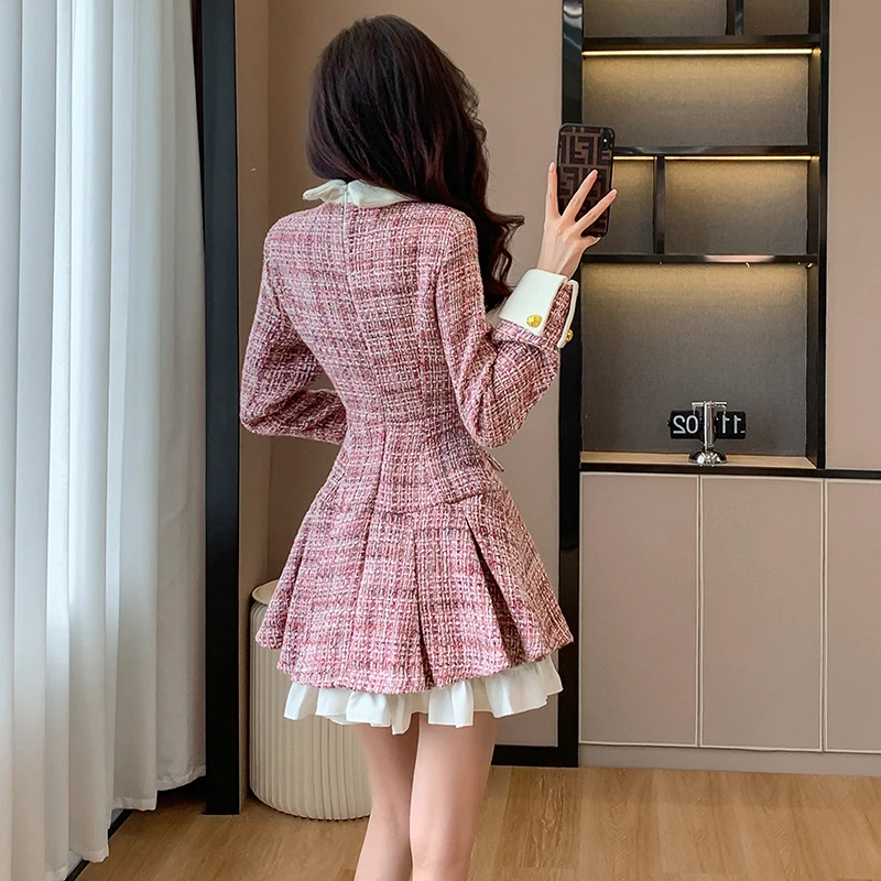 High Quality French Autumn Winter Women\'s Luxury Runway Celebrity Single Breasted Patchwork Tweed Woolen Office Fashion Dresses