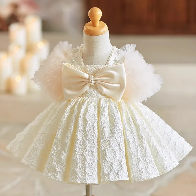 Girls Elegant Host Piano Performance Princess Ball Gown Children Sweet Bow Design Birthday Wedding Dress g358