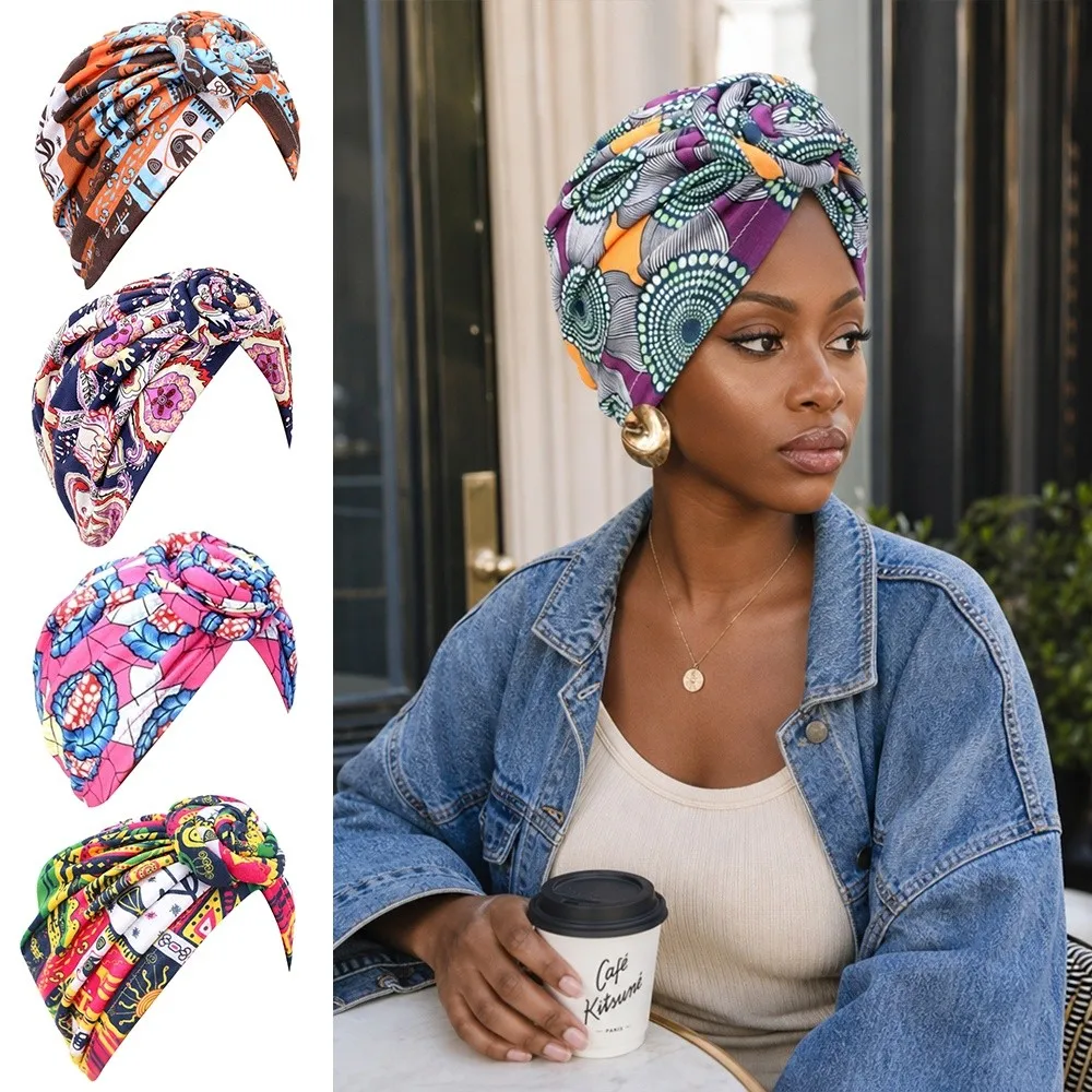 Fashion African Print Hijab Caps Pleated Wrap Islamic Headband Knotted Style Breathable Head Wrap Cap All Match Decor
