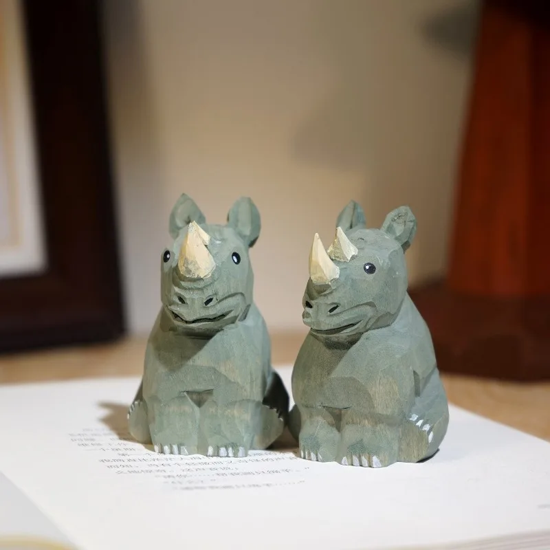 Cute Sitting Gray Rhino Hand Carved Wooden Figurine Desk Decor Ornament Office Workstation Home Living Room Decoration Present