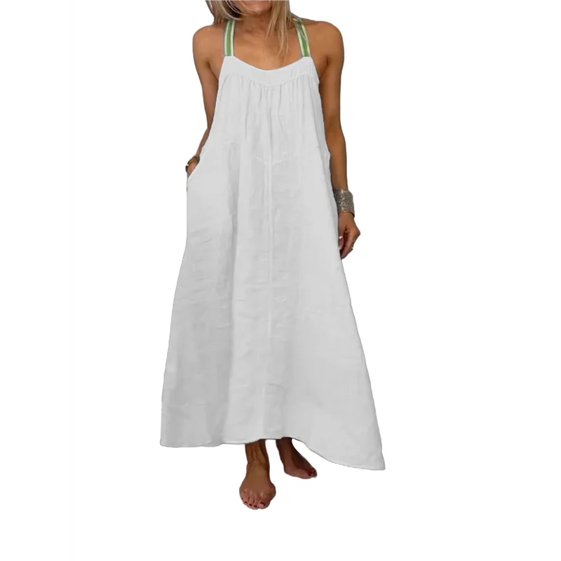 Women's Summer Cotton Maxi Dress Adjustable Spaghetti Strap Boho Casual Backless Ruffle Loose Fit Flowy Dress