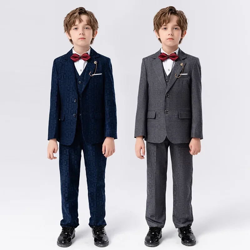 

Boys Slim Fit Suits Formal Wear Gent Children Teenagers Groomsman Performance Host Clothes Kids Plaid Blue Grey Party Full Dress