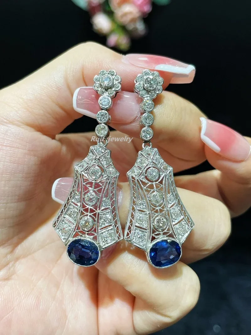 Ruif Top Luxury Platinum Natural Sapphire with Diamond Drop Earring for Women Elegant Party Wedding Gift Classic Jewelry