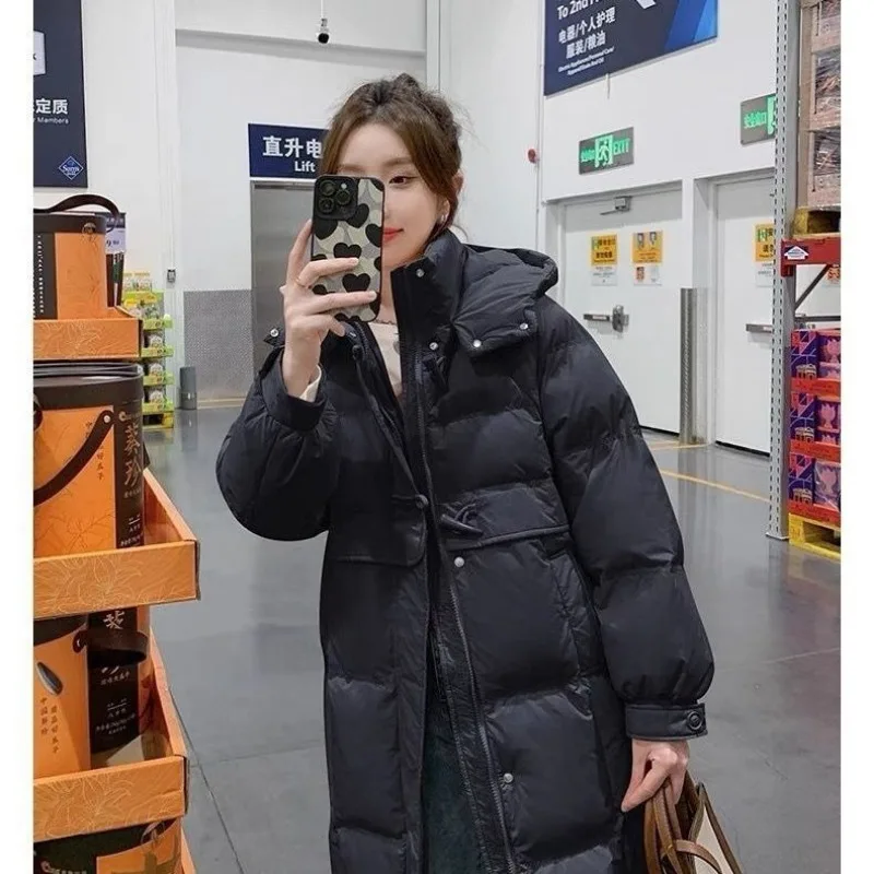 Off season winter Korean version thick pink cow horn down jacket for women, mid length jacket, new duck down bread