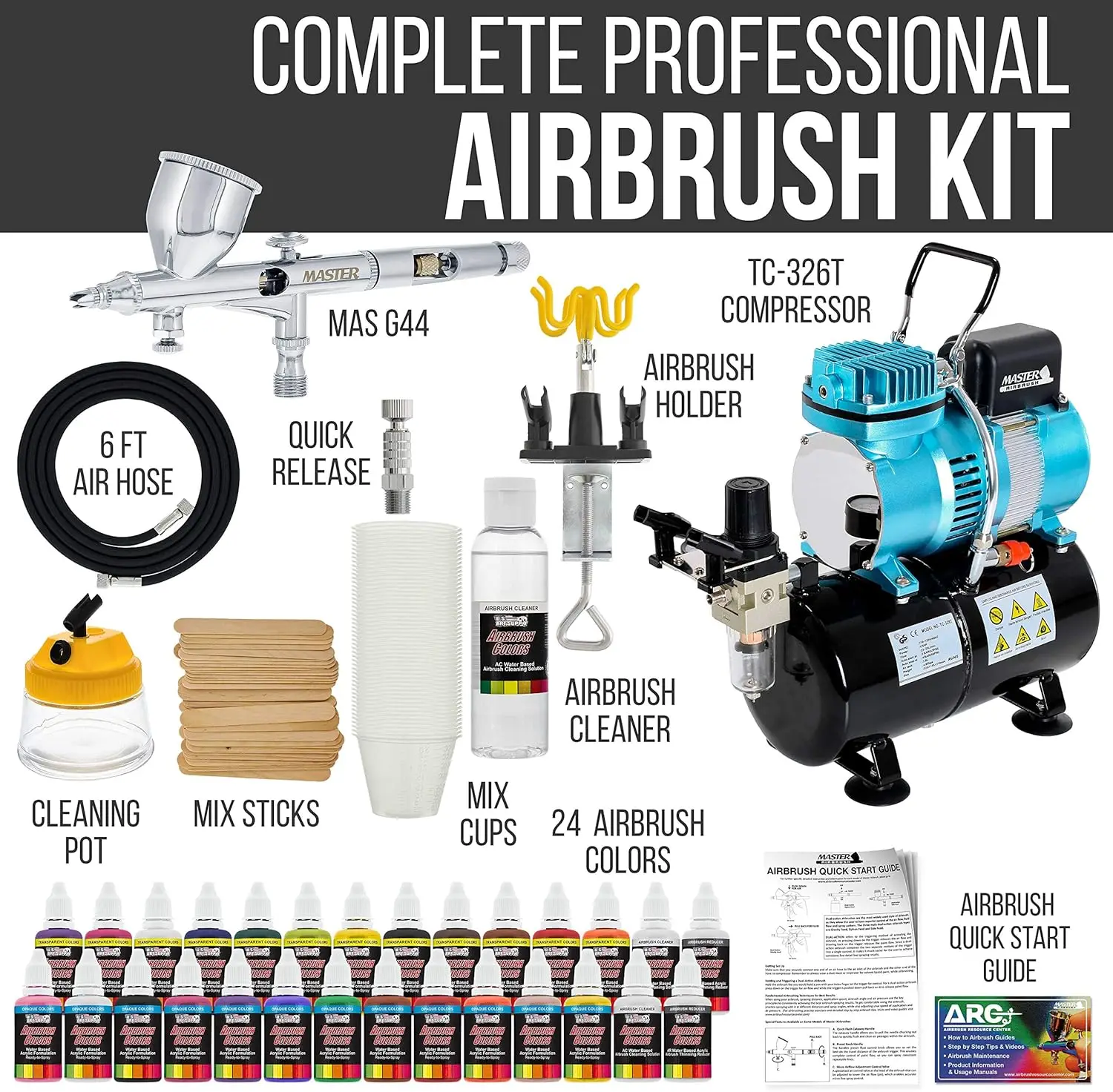 Airbrush Cool Runner II Dual Fan Air Storage Tank Compressor System Kit with a G44 Fine Detail Control 0.2mm Tip Airbrush