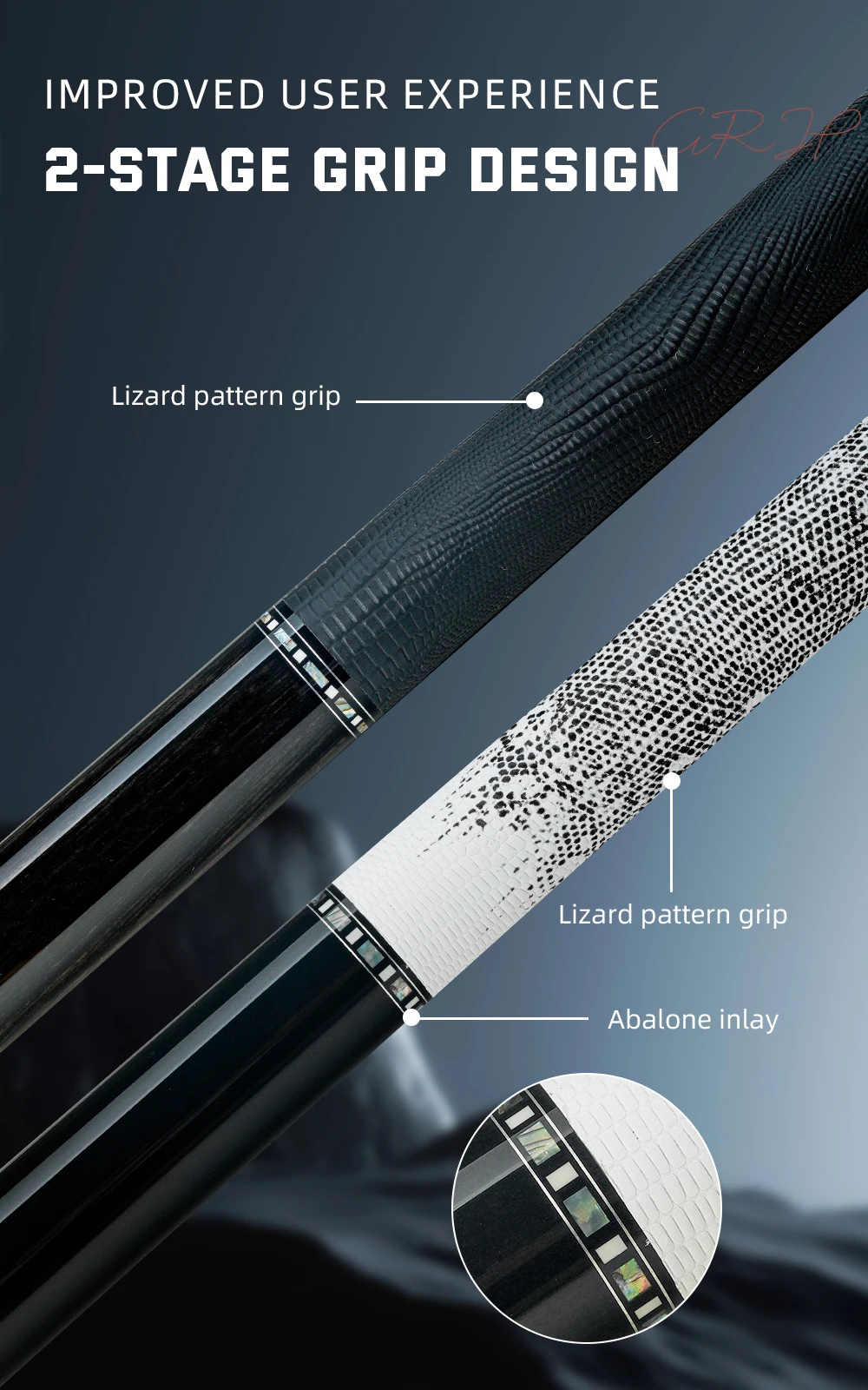 Billardqueue mit Carbonfaser-Schaft, geringer Abweichung, Griff mit Echsenmuster, 58 Zoll, 12,5 mm Spitze, 3/8x8 Verbindung, 8/9 Ball, KONLLEN – Detail 18