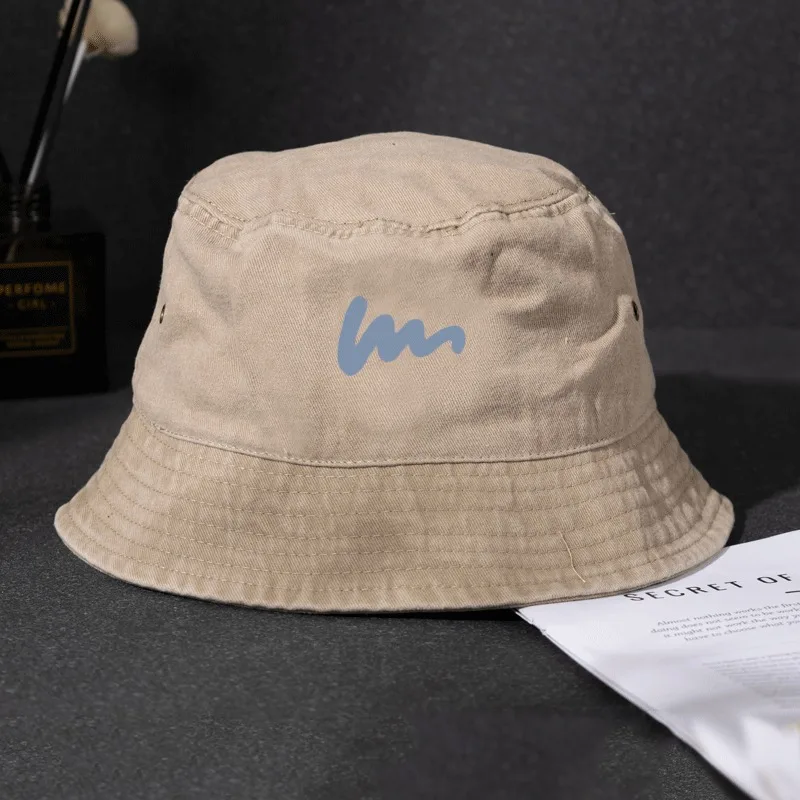 Vintage Washed Distressed Bucket Hat Ocean Wave Line Heat Transfer Logo Unisex Cotton Cap Fisherman Hat Streetwear Sun Hats