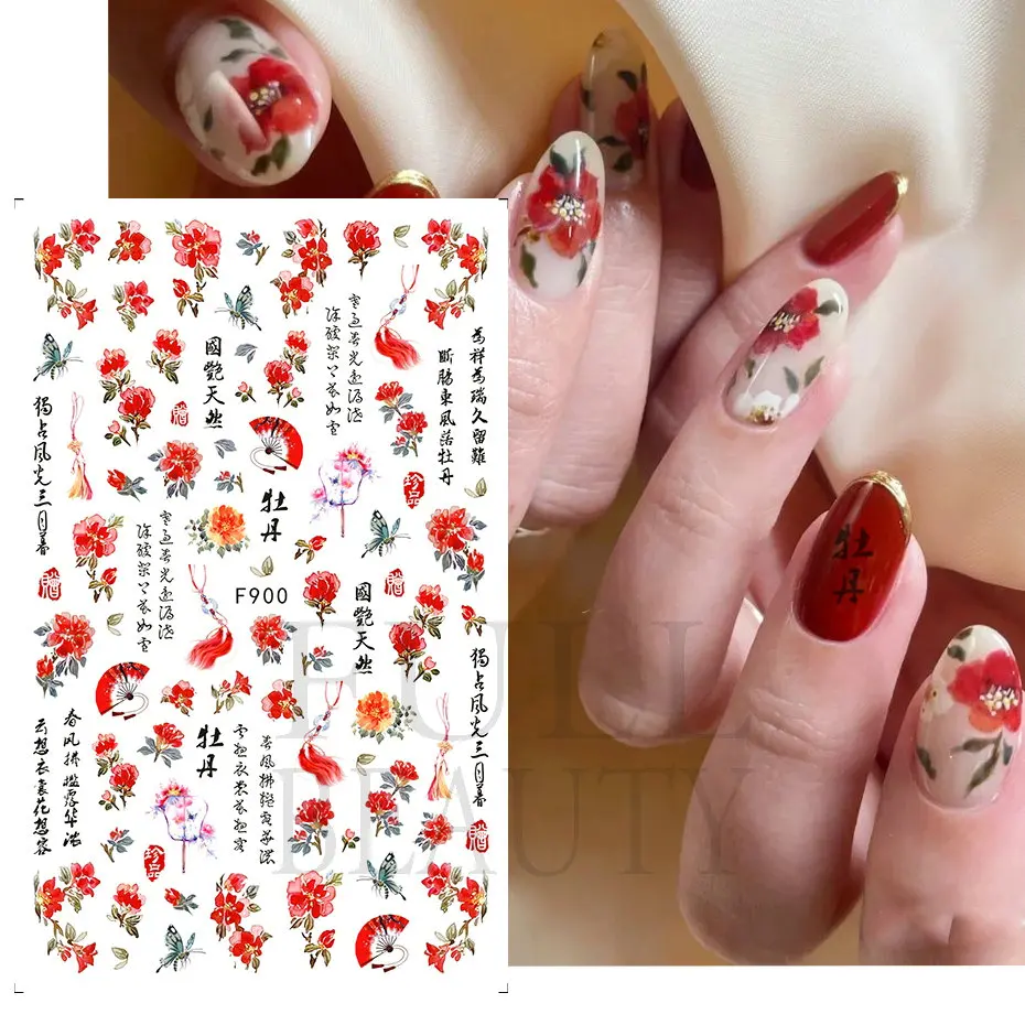 Pegatinas de uñas de estilo de poetría antigua China, calcomanías adhesivas de diseño de flores de peonía de bambú de loto, calcomanías para manicura F898