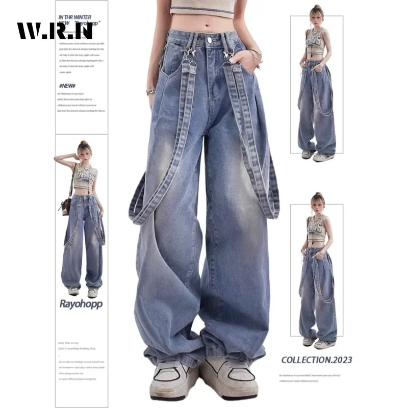 American Retro Casual Jeans Pants Women Y2K High Street Lace Up Decorate High Waist Wide Leg Denim Trouser Spring Summer 2024