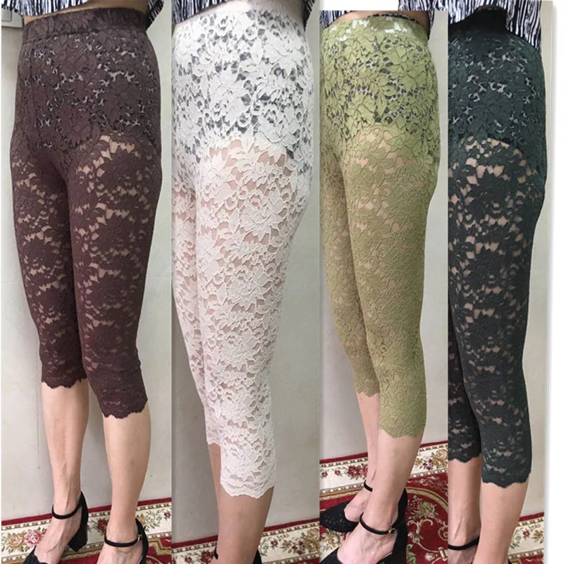 

High Waist Lace Tights Seven-Foot Pants Women's Outerwear Korean Sle 2023 Summer New See-Tough Net Large Size Base Pants