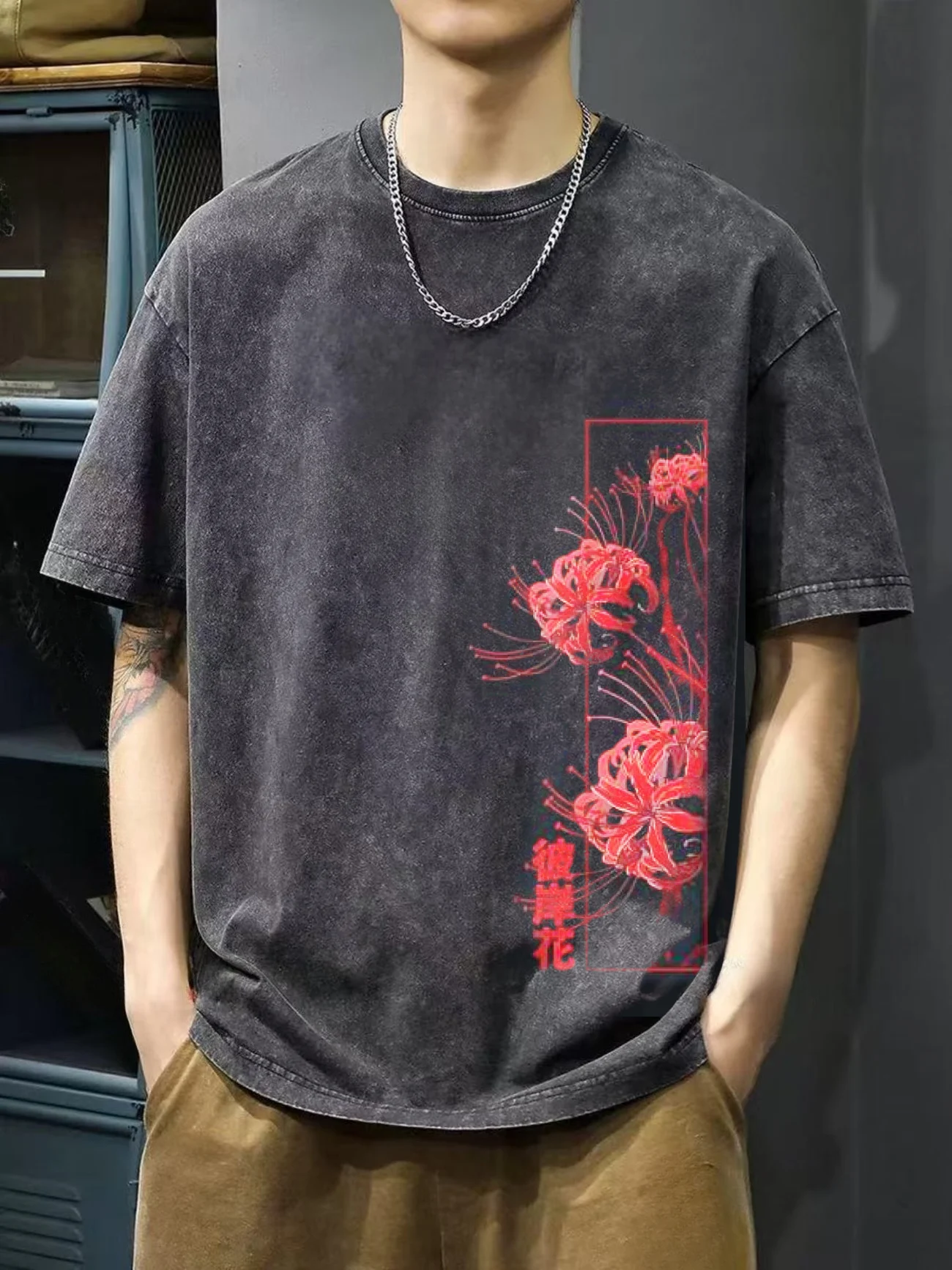 Herren-T-Shirt im Vintage-Look mit roter Spinnenlilie, Sommer-Damen-T-Shirt, Oversize, Neuheit, Vintage-Punk, Hip-Hop, Gothic, Hipster, Y2K, Harajuku – Detail 3