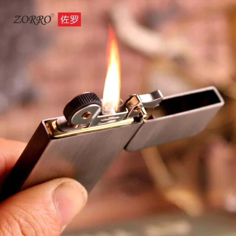 Zorro Vintage Engraved Wheel Metal Lighter Windproof Ultra-thin Pure Copper Kerosene Lighter  Men's Smoking Accessories Gadgets