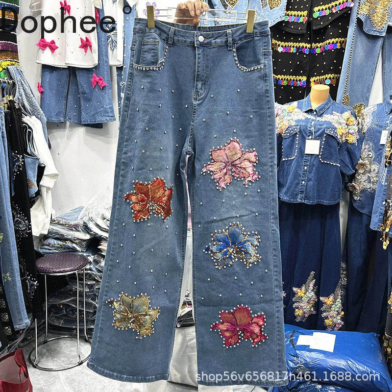 

Fashion Diamonds Flower Embroidery Wide Leg Jeans Women Spring Autumn Casual Straight Pants High Waist Casual Blue Denim Pants