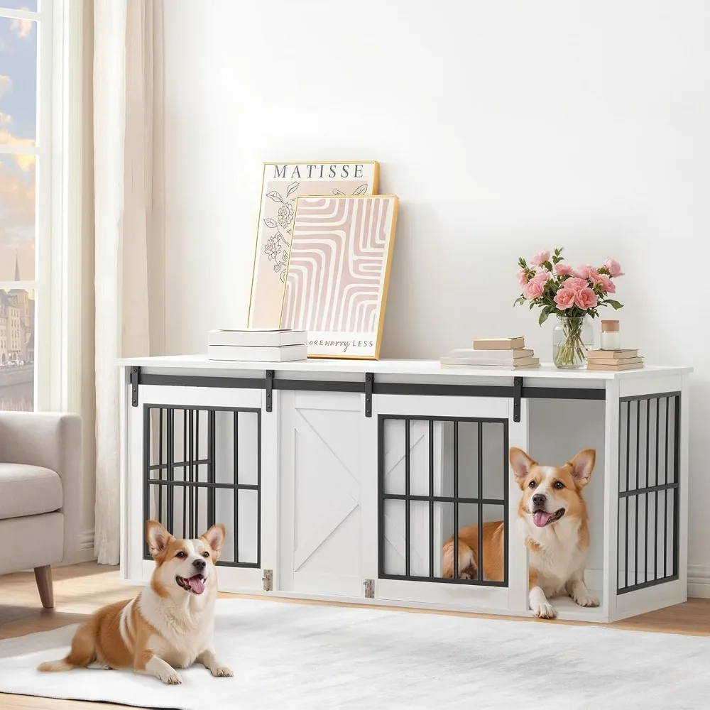 

Dog Crate Furniture for 2 Dogs, 63" Heavy Duty Dog Kennel with Sliding Barn Door, Wooden Double Dog Crate with Divider for Small