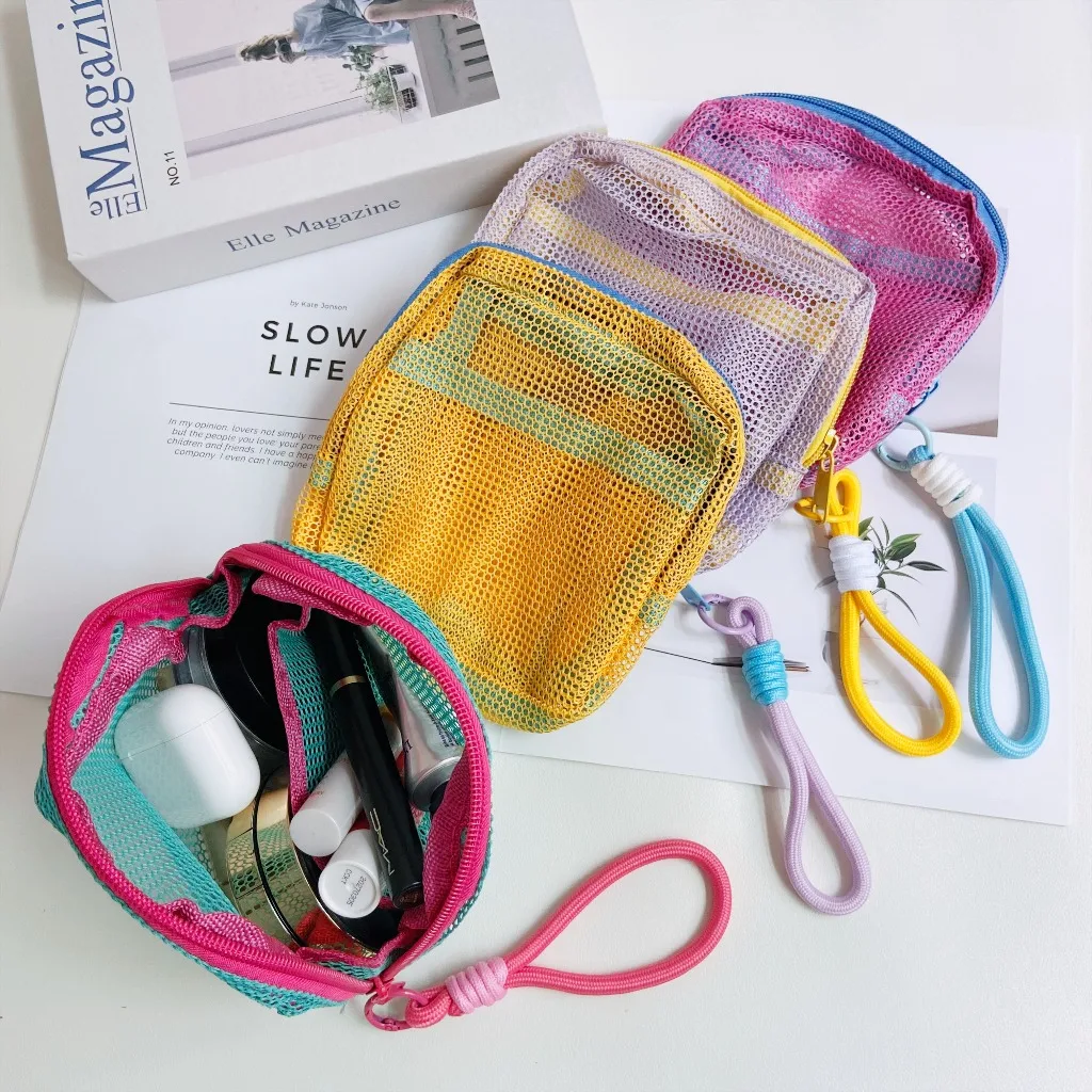 Dopamine Mesh Cosmetic Bag Tofu Bag Travel Portable Charging Cable Key Pouch Card Lipstick Toiletries Mini Mesh Storage Bag