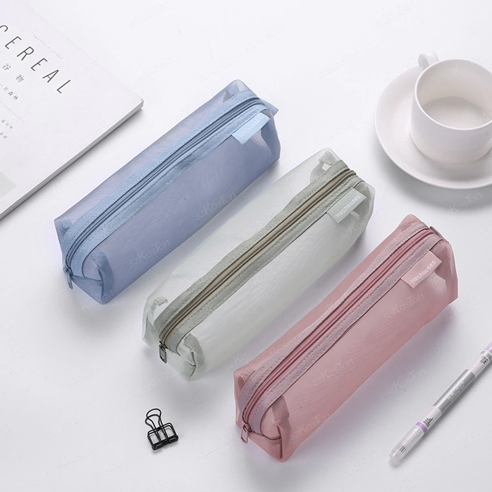 Estuche de malla para lápices, bolsa transparente para bolígrafos, bolsa estética Simple y bonita, organizador, suministros escolares de oficina para papelería de estudiantes
