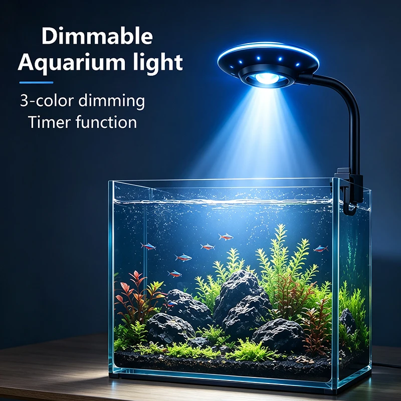 LED-Aquariumleuchte, 3-Farben dimmbare Spektrumlampe, Clip-On Leuchte für Fischbecken, Schwanenhalsleuchte, USB 5W, Aquarienpflanzenbeleuchtung, Dekoration mit Ti