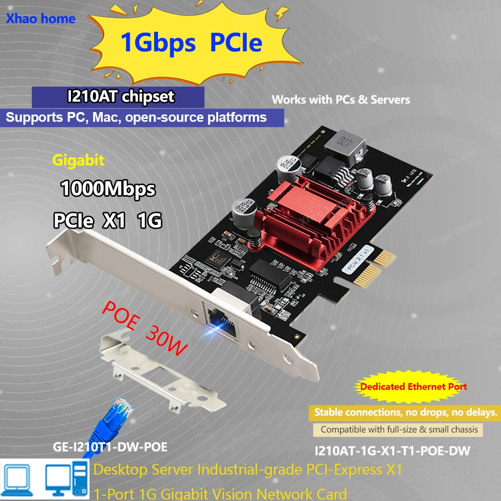 

I210 PCI-E к POE Gigabit Ethernet-карта RJ45 для промышленной камеры/захвата видения, питание через Ethernet, настольный компьютер/сервант 1000 Мбит/с